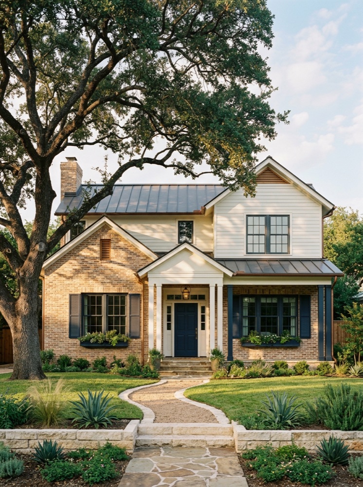 A renovated Texas home beneath a mature live oak.